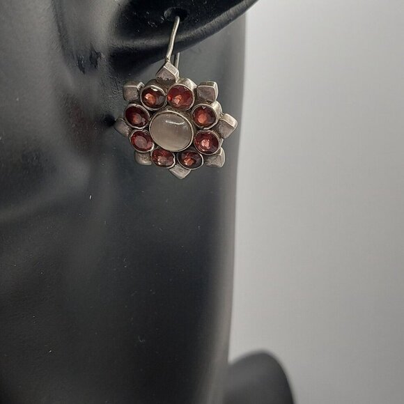 Art Deco Garnet and Moonstone 925 Sterling hook earrings 1920-30 1 inch marked - Picture 6 of 8